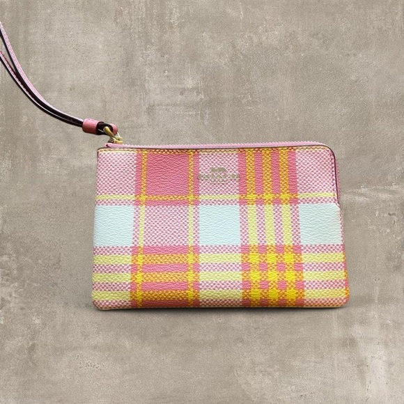 Coach Handbags - Coach Plaid Wristlet Pink Yellow Zip Pouch NWT